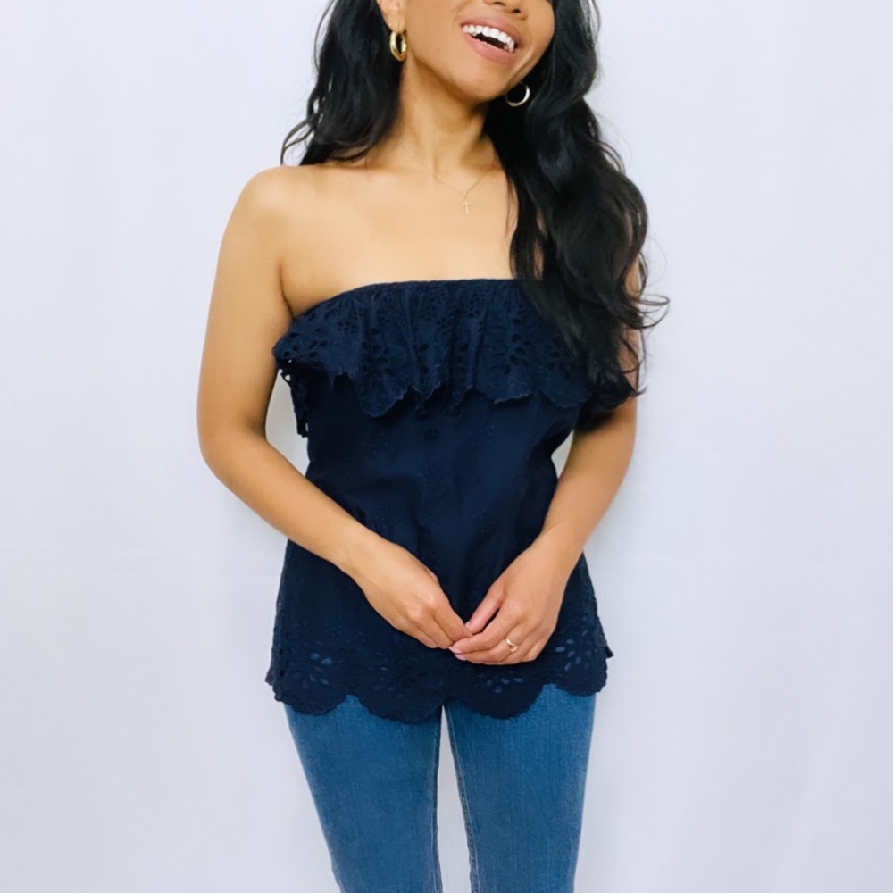 Milly | Blue 100% Cotton Eyelet Lace Ruffle Strapless Top with Scalloped Hem  4 - Picture 9 of 12